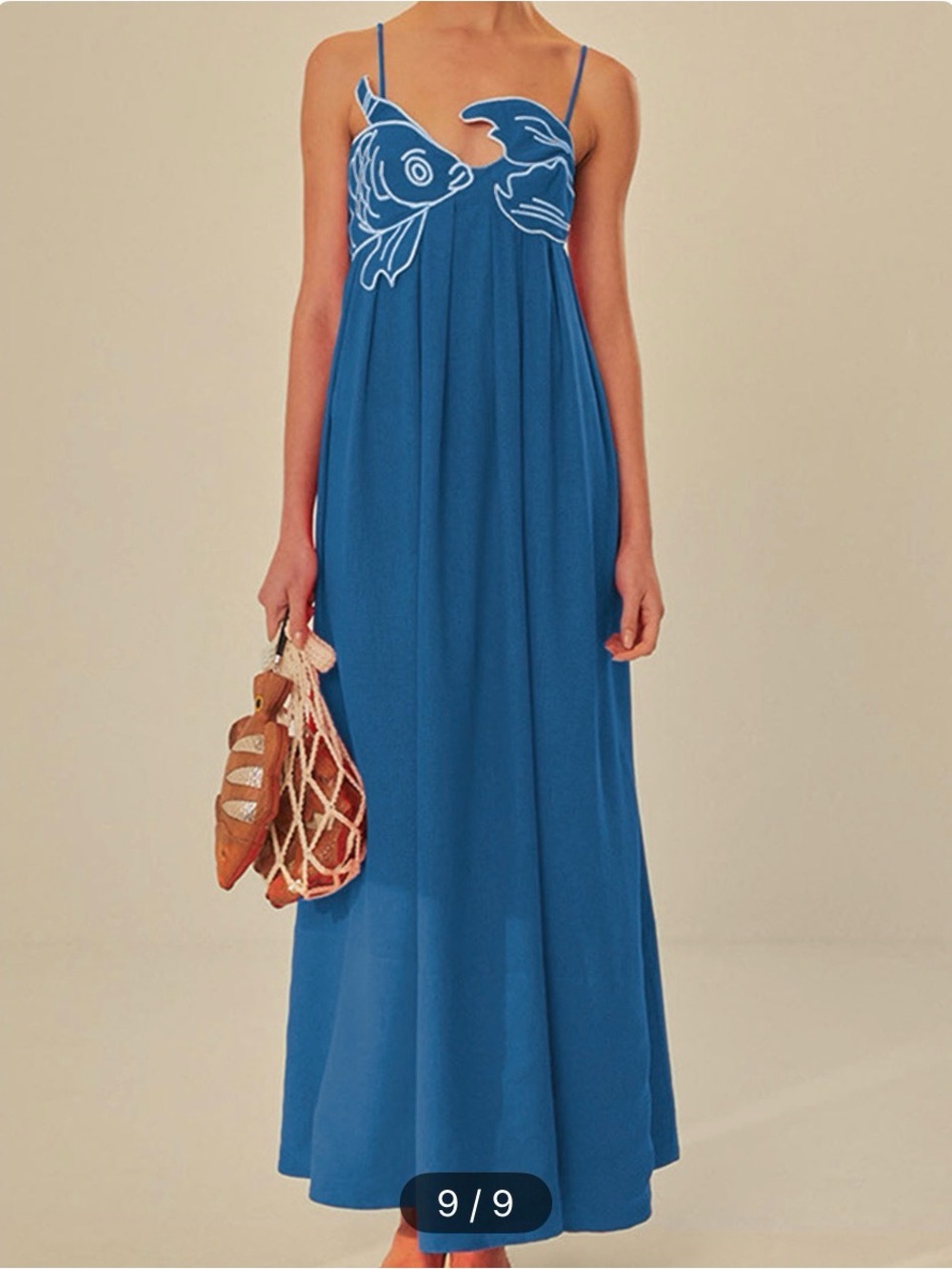 Commense Blue Spaghetti-Strap Maxi Dress with White Fish Embroidery